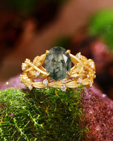 IVYANA Oval Cut Moss Agate Ring Set Nature Inspired Leaf Bridal Ring Set